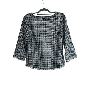 NWT Ann Taylor Tweed Frayed Hem 3/4 Sleeve Top Blue White Black Size 4 career‎